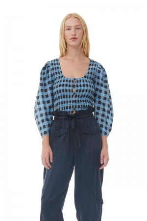 Ganni Checkered Baumwoll Silk Bluse Blau | TZGFB7605