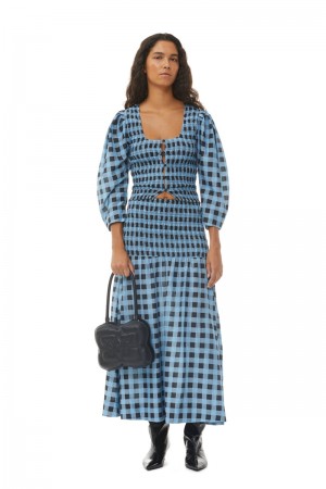 Ganni Checkered Baumwoll Silk Long Smock GolfSkirts Blau | SODNK0956