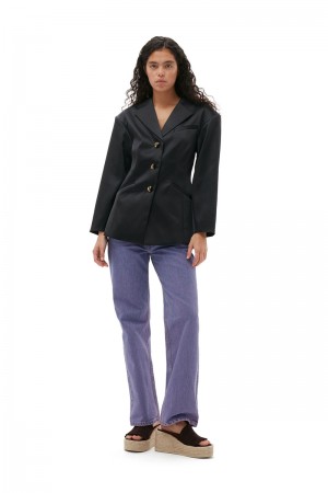 Ganni Double Satin Fitted Blazer Schwarz | YOMBX0842