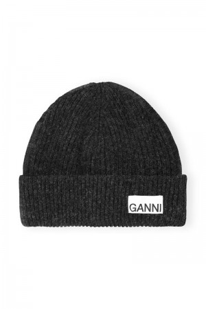 Ganni Fitted Rib Knit Wolle Mütze Schwarz | WKFMO1498