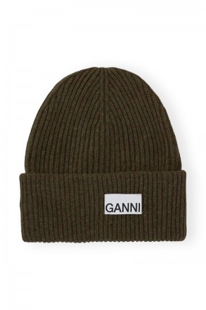 Ganni Fitted Wolle Rib Knit Mütze Olivgrün | OHZCY7102