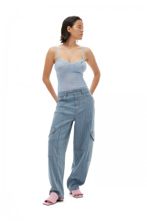 Ganni Light Stripe Denim Cargo Hose Blau Grau | ANKBS1539