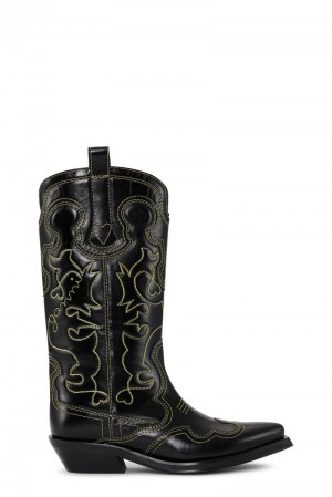 Ganni Mid Shaft Embroidered Westernstiefel Schwarz | FLOGW0186