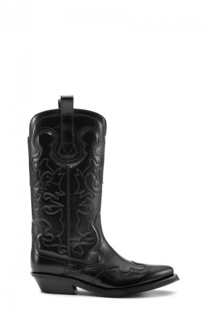 Ganni Mid Shaft Embroidered Westernstiefel Schwarz | AJPBQ0256