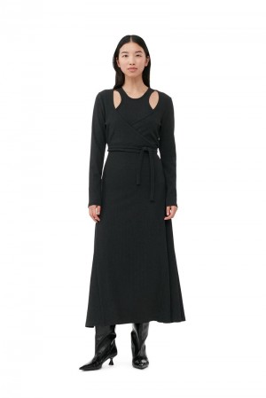 Ganni Rib Jersey Wrap Maxikleid Schwarz | DHPYN6273