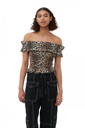 Ganni Sheer Voile Cropped Off-shoulder Smock Oberteile Braun | VYRDX7029