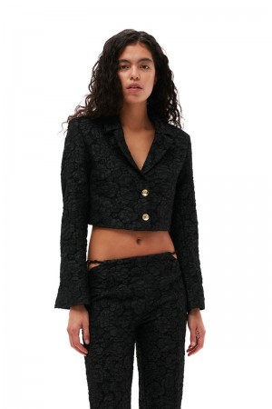 Ganni Stretch Jacquard Cropped Blazer Schwarz | UCGRE6945