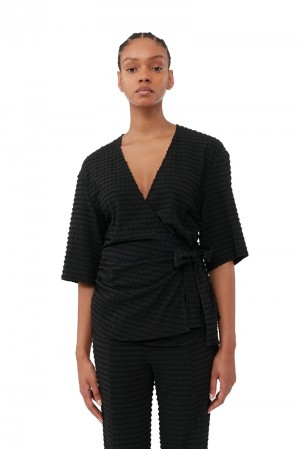 Ganni Stretch Seersucker Wrap Bluse Schwarz | DEMGP6142