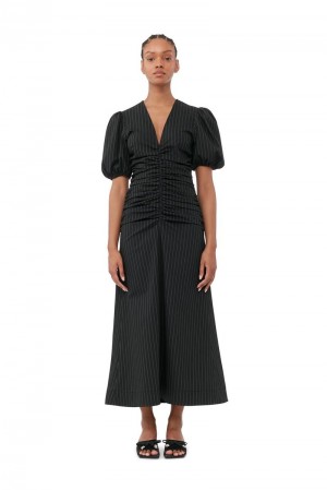 Ganni Stretch Stripe Gathered Long Kleid Schwarz | IXBCG4975