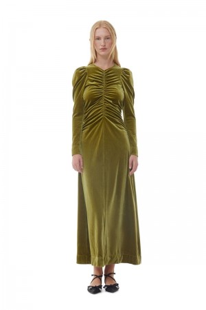 Ganni Velvet Jersey Long Kleid Senfgelb Grün | RTJLE9126