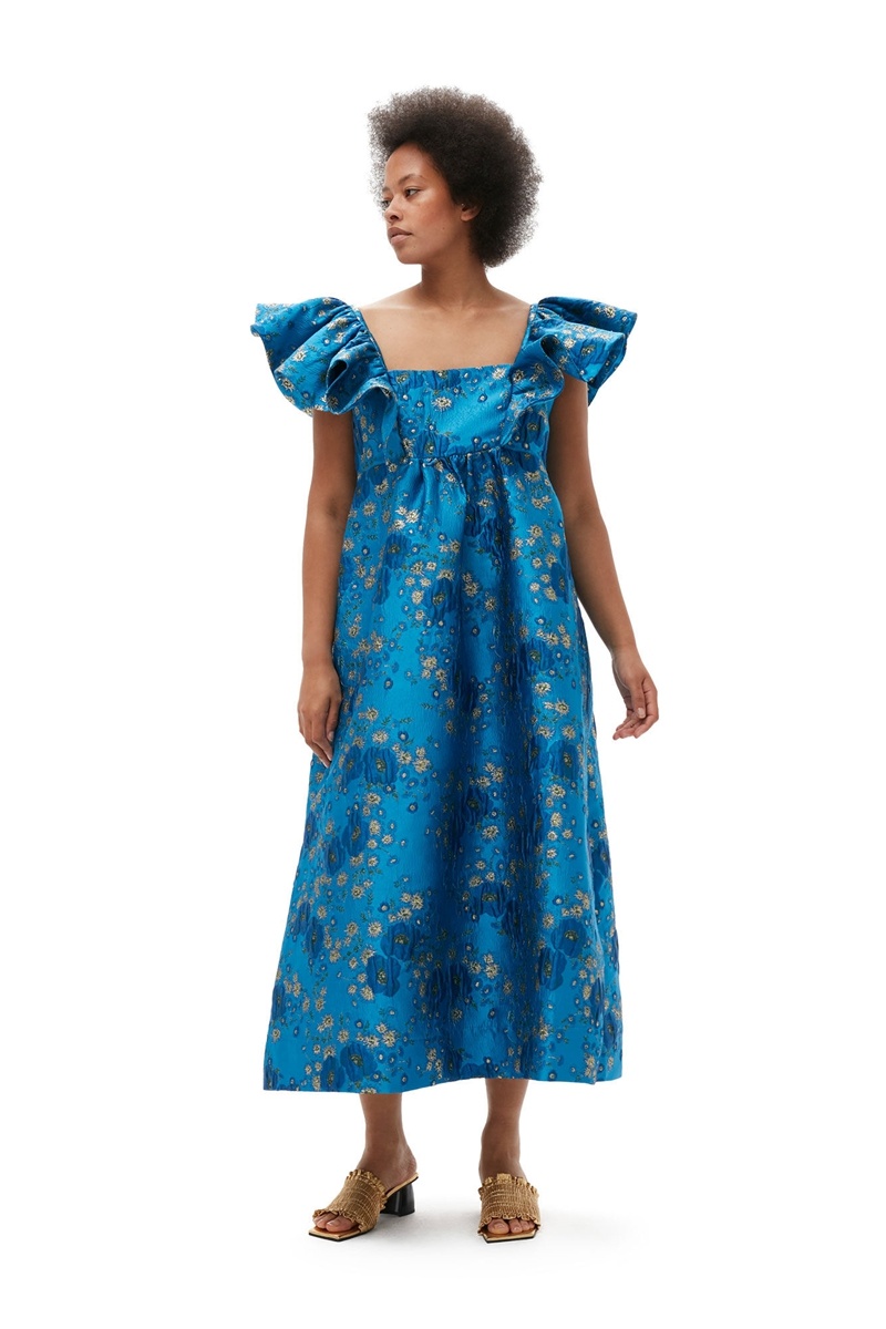 Ganni 3D Jacquard Ruffle Midi-kleid Blau | UDVOX5841