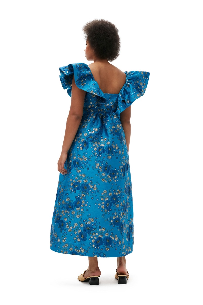 Ganni 3D Jacquard Ruffle Midi-kleid Blau | UDVOX5841