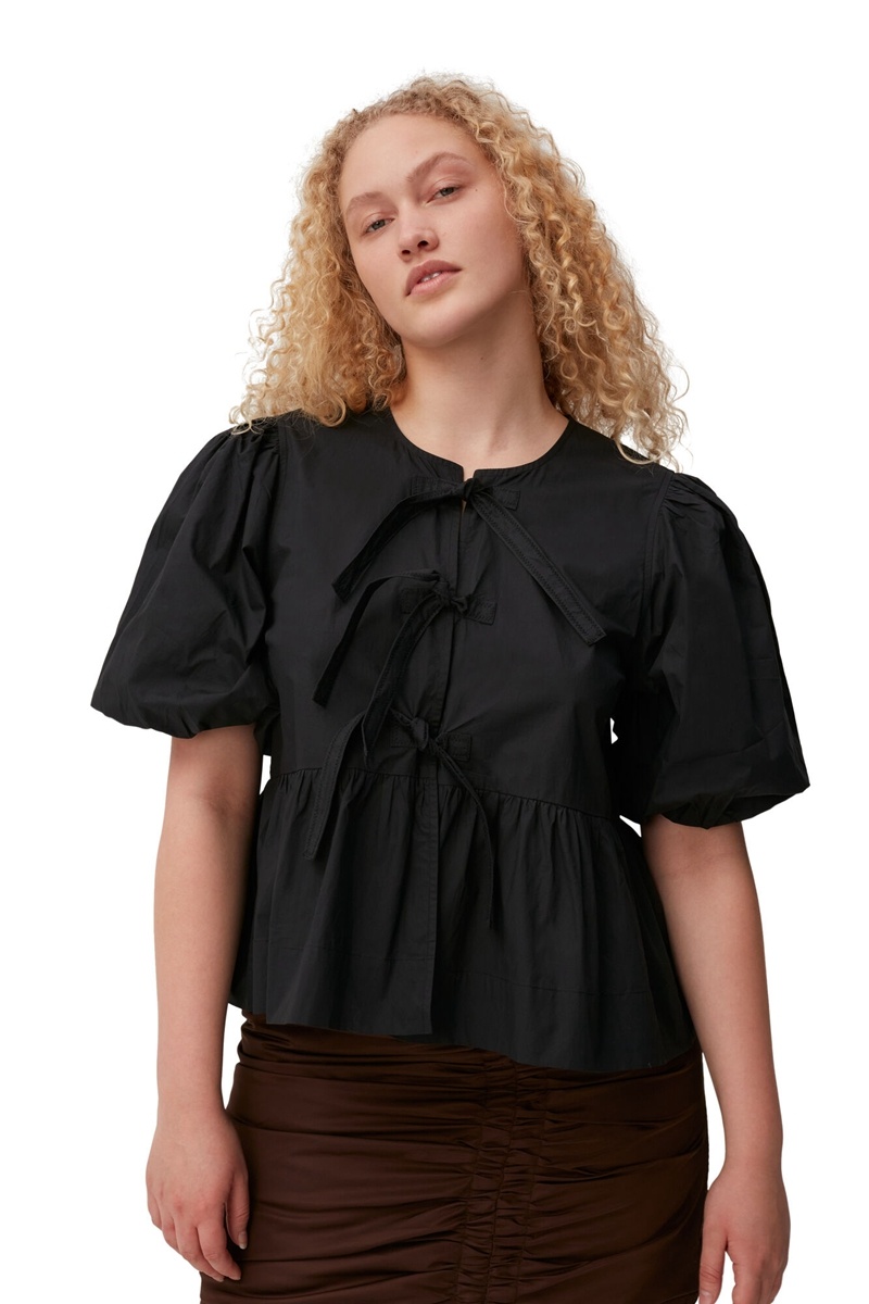 Ganni Baumwoll Poplin Bluse Schwarz | ICTAU6748