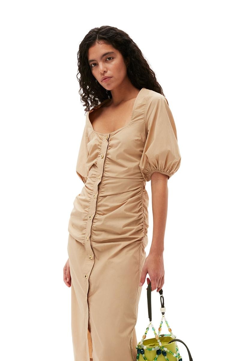 Ganni Baumwoll Poplin Gathered Open-neck Maxikleid Khaki | BDNIW8124