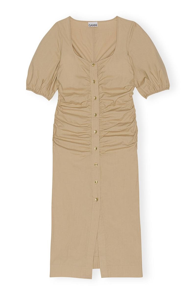 Ganni Baumwoll Poplin Gathered Open-neck Maxikleid Khaki | BDNIW8124