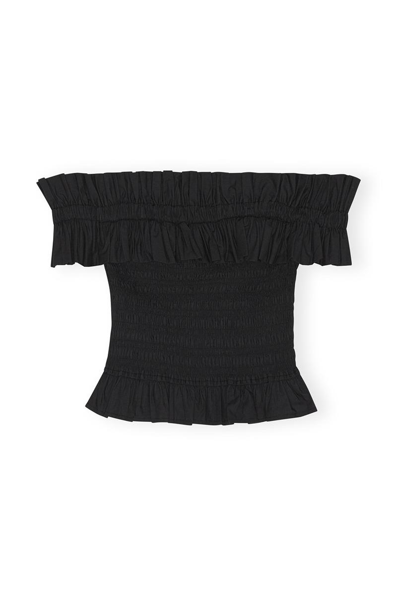 Ganni Baumwoll Poplin Off-shoulder Smock Oberteile Schwarz | WFXMR1854