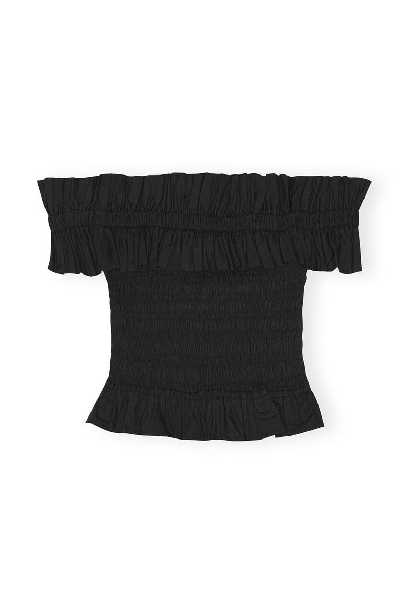 Ganni Baumwoll Poplin Off-shoulder Smock Oberteile Schwarz | WFXMR1854