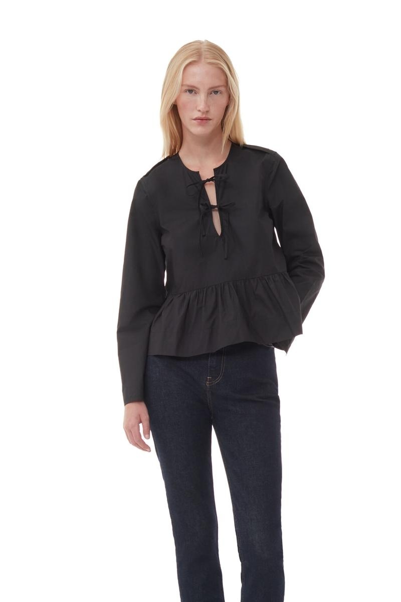 Ganni Baumwoll Poplin Tie String Peplum Bluse Schwarz | OGSYJ5608