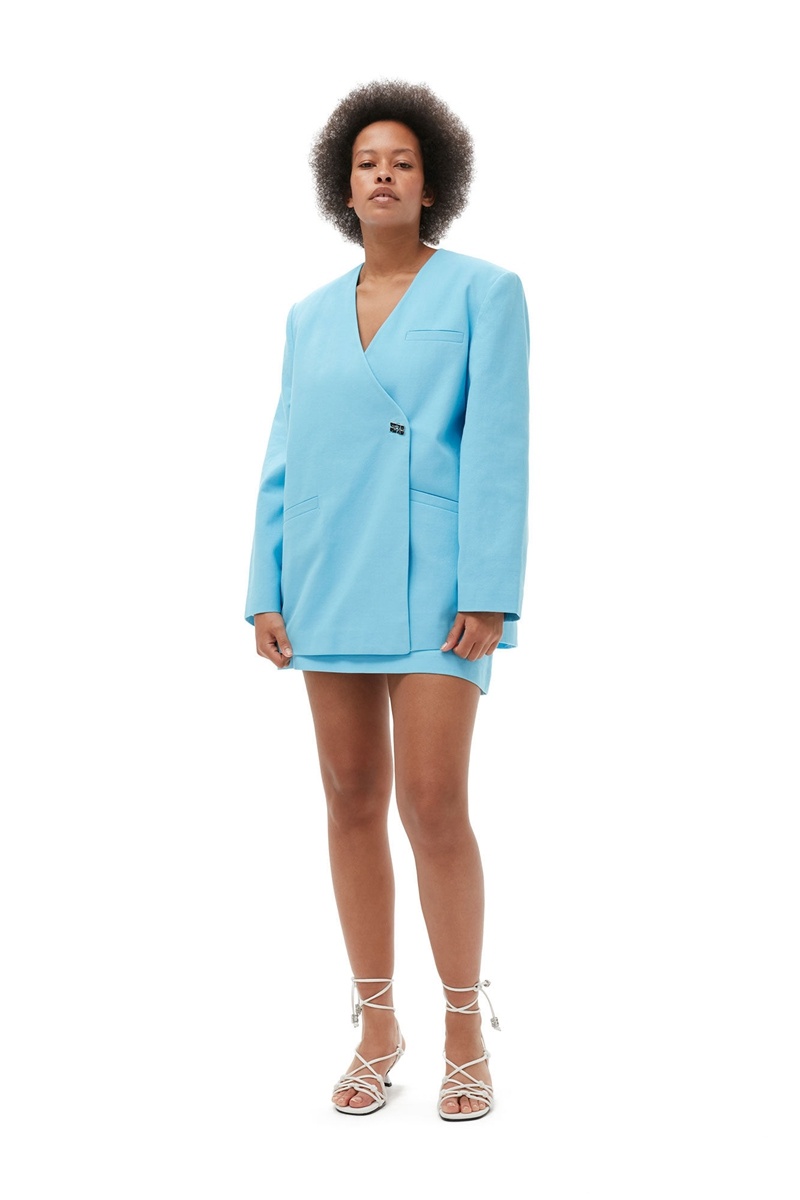 Ganni Baumwoll Suiting Boxy Blazer Blau | ZBVRD4781