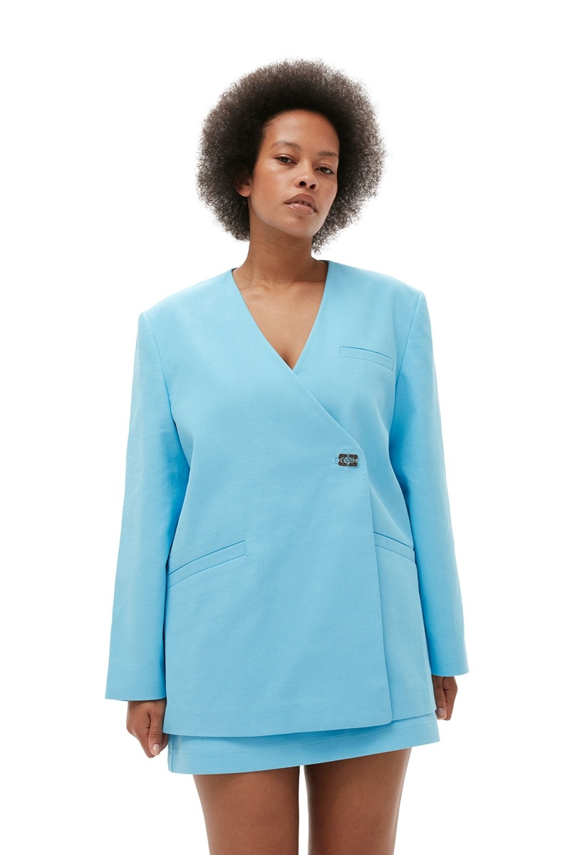 Ganni Baumwoll Suiting Boxy Blazer Blau | ZBVRD4781