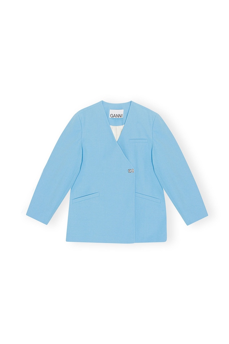 Ganni Baumwoll Suiting Boxy Blazer Blau | ZBVRD4781