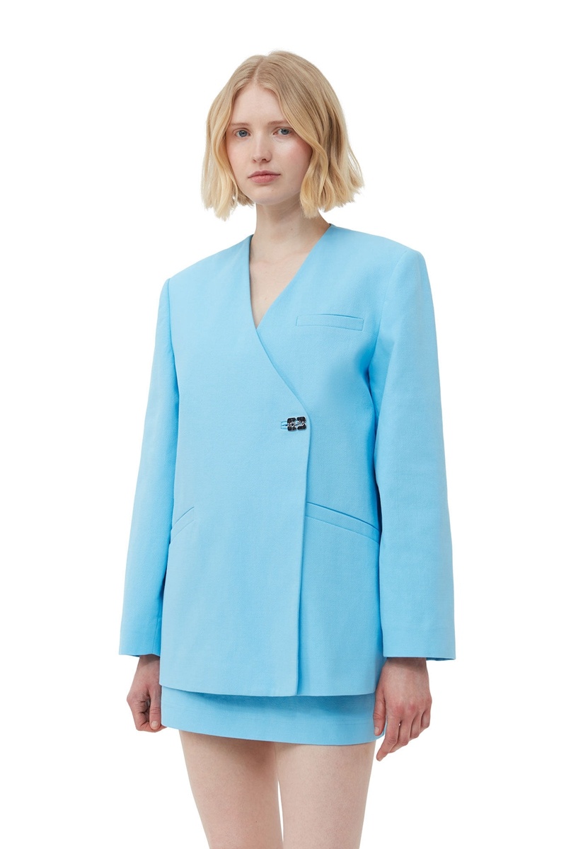 Ganni Baumwoll Suiting Boxy Blazer Blau | ZBVRD4781