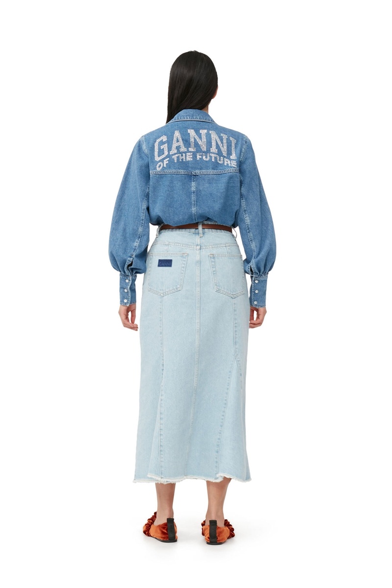 Ganni Bleach Denim Peplum Midi GolfSkirts Hellblau Grau | VLCQW8491