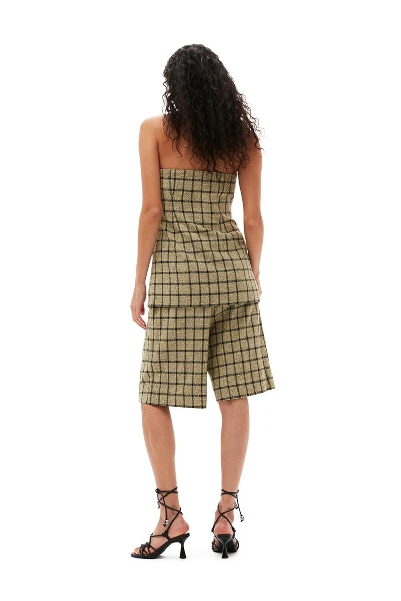 Ganni Check Suiting Relaxed Falten Kurze Hose Olivgrün | DLFMK9735