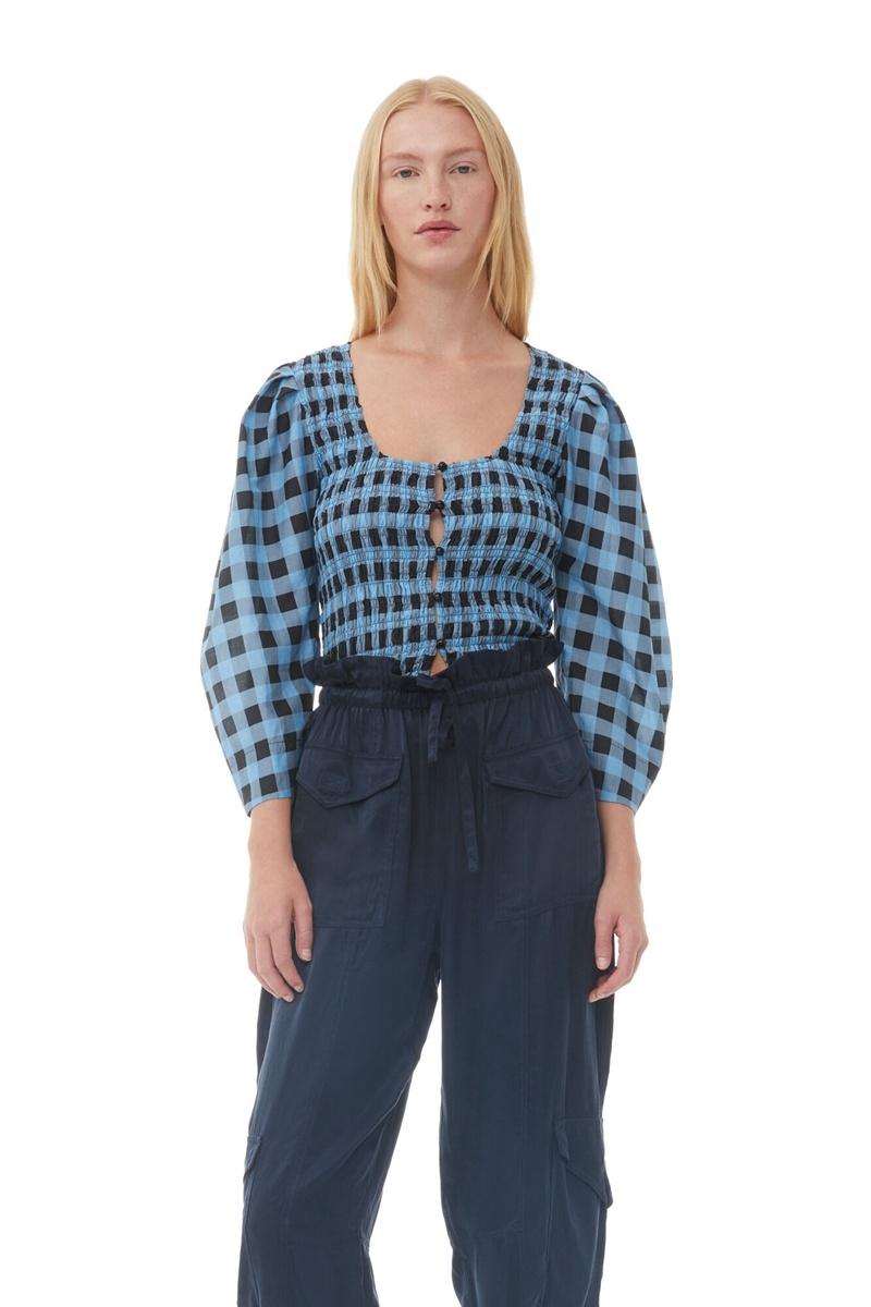 Ganni Checkered Baumwoll Silk Bluse Blau | TZGFB7605