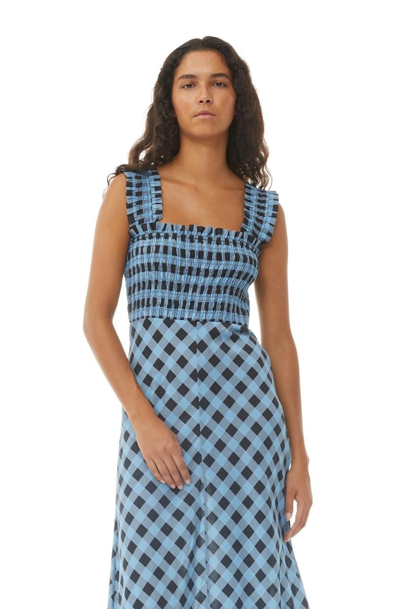 Ganni Checkered Baumwoll Silk Long Riemen Kleid Blau | DJCSZ5236