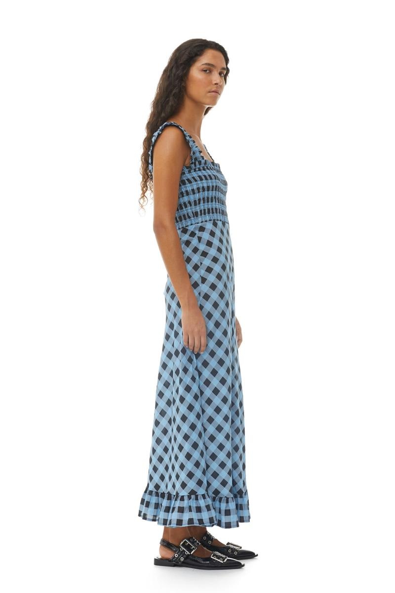 Ganni Checkered Baumwoll Silk Long Riemen Kleid Blau | DJCSZ5236