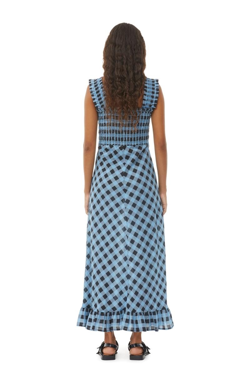 Ganni Checkered Baumwoll Silk Long Riemen Kleid Blau | DJCSZ5236