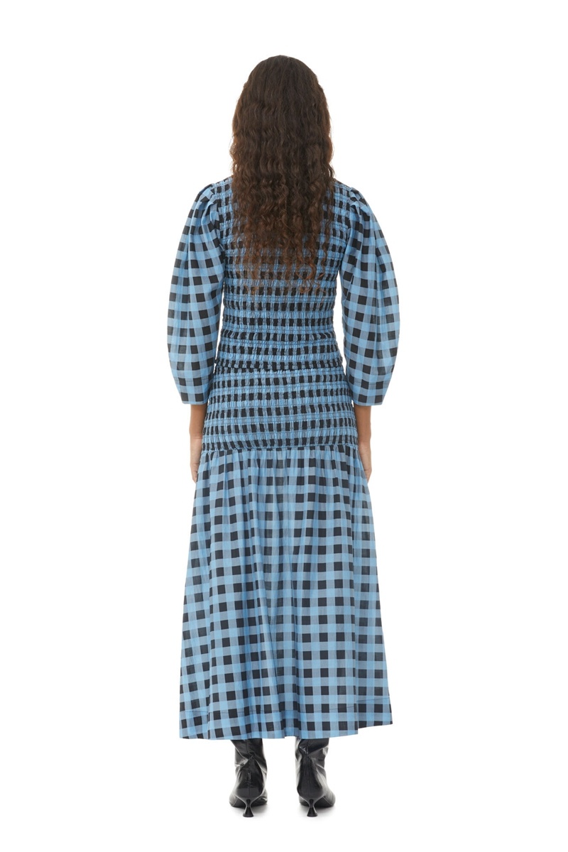 Ganni Checkered Baumwoll Silk Long Smock GolfSkirts Blau | SODNK0956