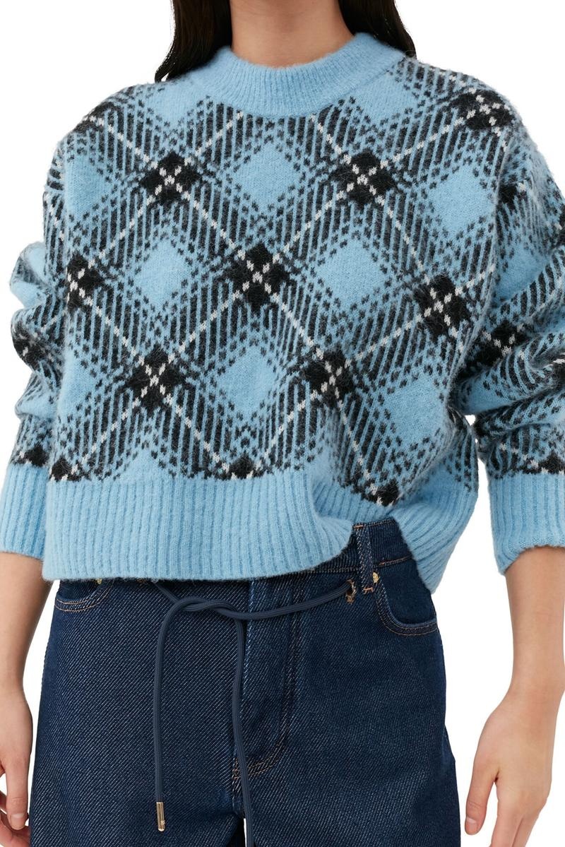 Ganni Checkered Oversized Wolle Pullover Oberteile Silber Blau | KZHWD4390