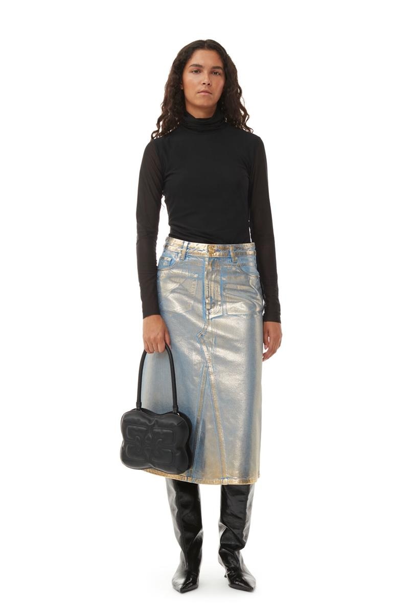 Ganni Denim Midi GolfSkirts Gold | NUXER8260