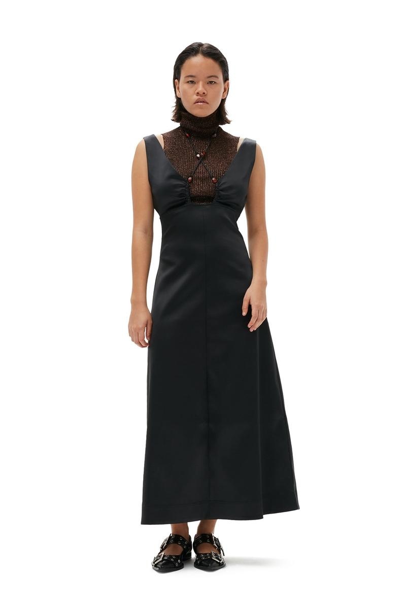 Ganni Double Satin Halter-Neck Kleid Schwarz | SBQJC5130