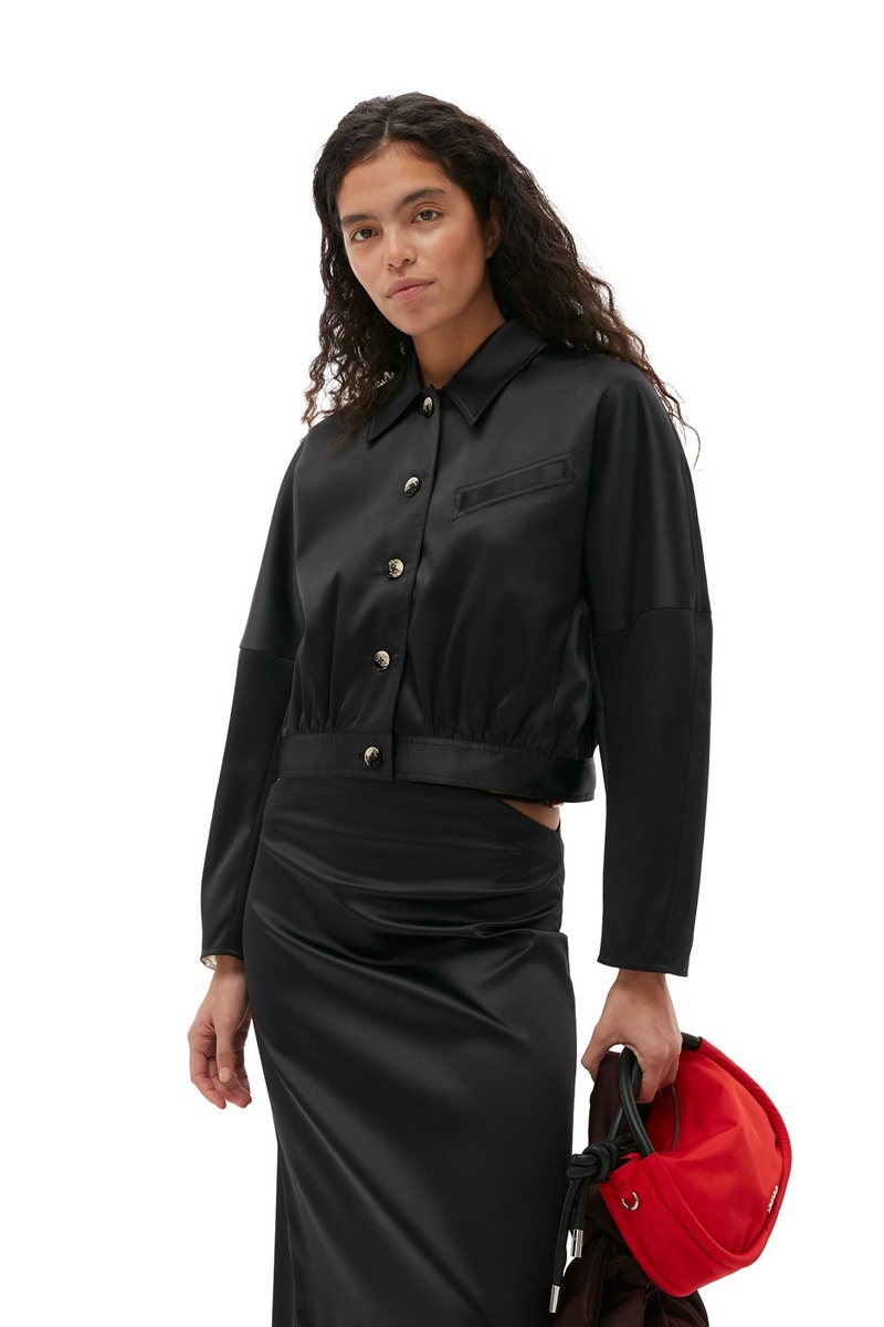 Ganni Double Satin Kurzes Jacken Schwarz | PWVEM2893