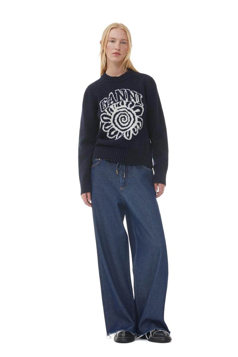 Ganni Flower Graphic O-neck Pullover Pullover Blau | KFVIW9241