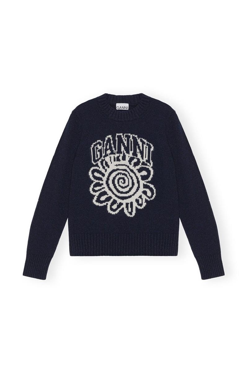 Ganni Flower Graphic O-neck Pullover Pullover Blau | KFVIW9241