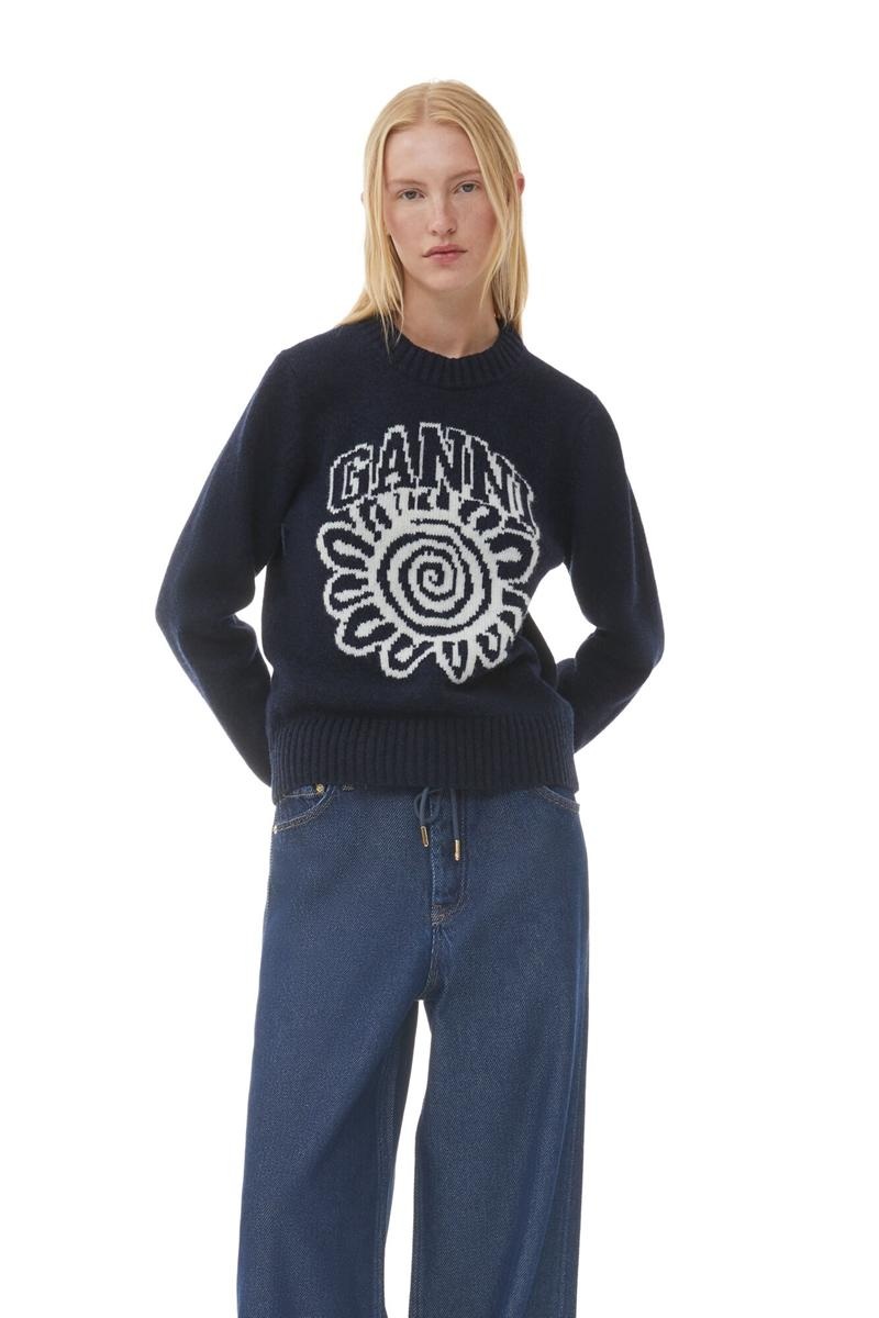 Ganni Flower Graphic O-neck Pullover Pullover Blau | KFVIW9241