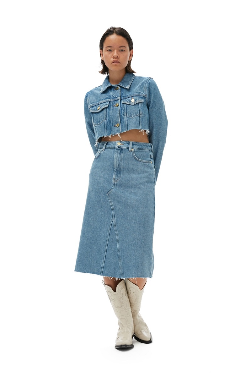 Ganni Heavy Denim Midi GolfSkirts Hellblau Grau | QCFRP2738