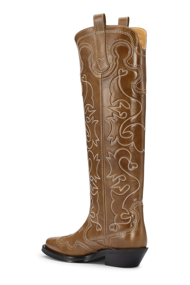 Ganni Knee-High Embroidered Westernstiefel Braun | NDZBA1925