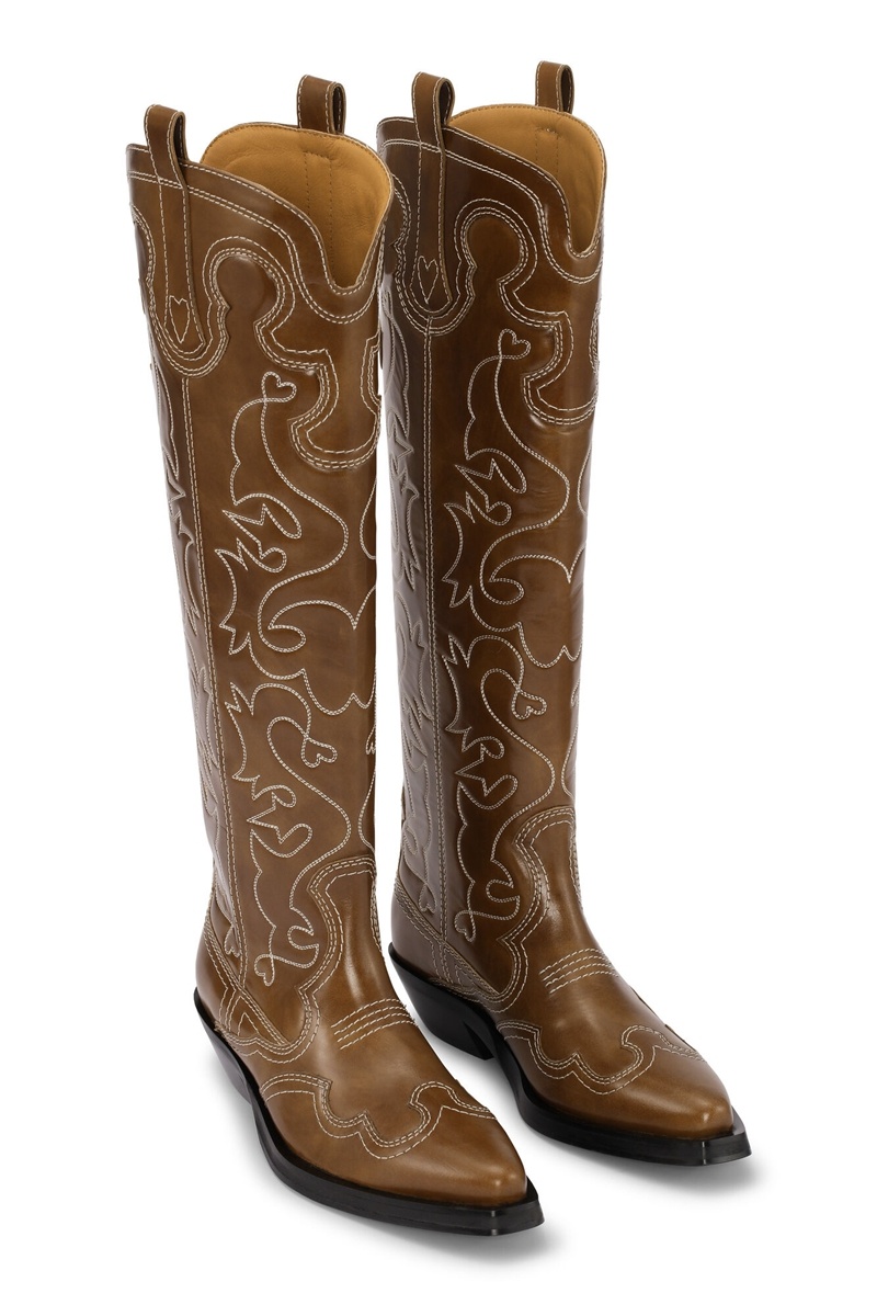 Ganni Knee-High Embroidered Westernstiefel Braun | NDZBA1925