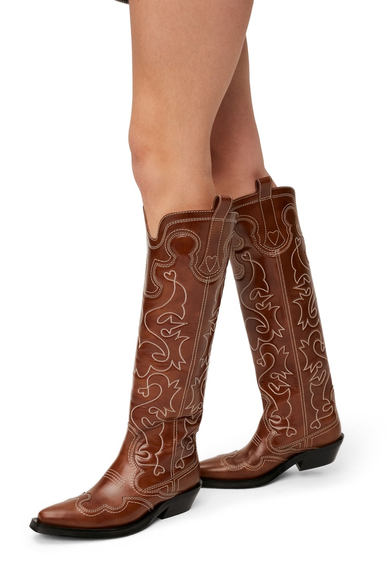 Ganni Knee-High Embroidered Westernstiefel Braun | NDZBA1925