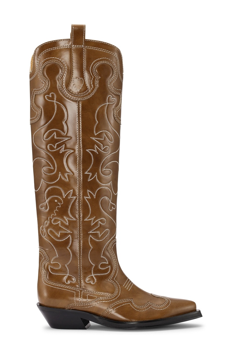 Ganni Knee-High Embroidered Westernstiefel Braun | NDZBA1925