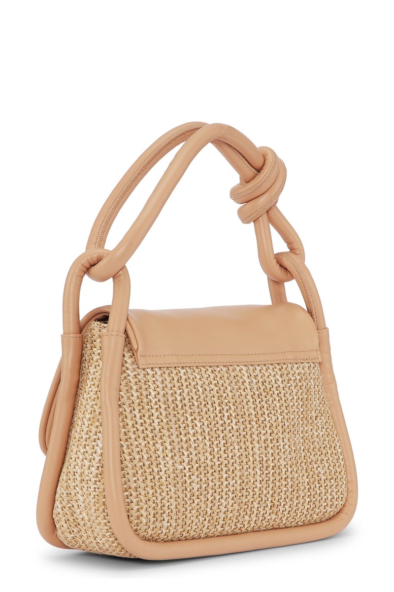 Ganni Knot Flap Over Raffia Shoulder bag Braun | GHCVU9487