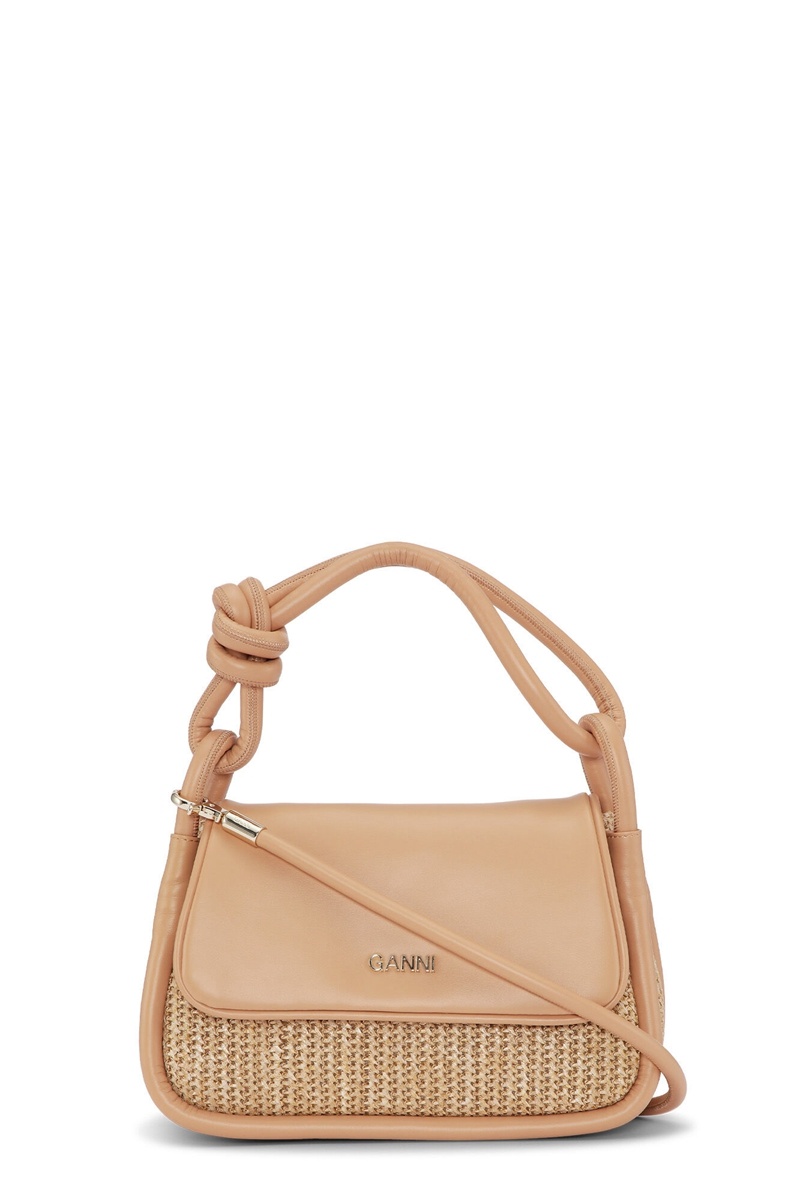 Ganni Knot Flap Over Raffia Shoulder bag Braun | GHCVU9487