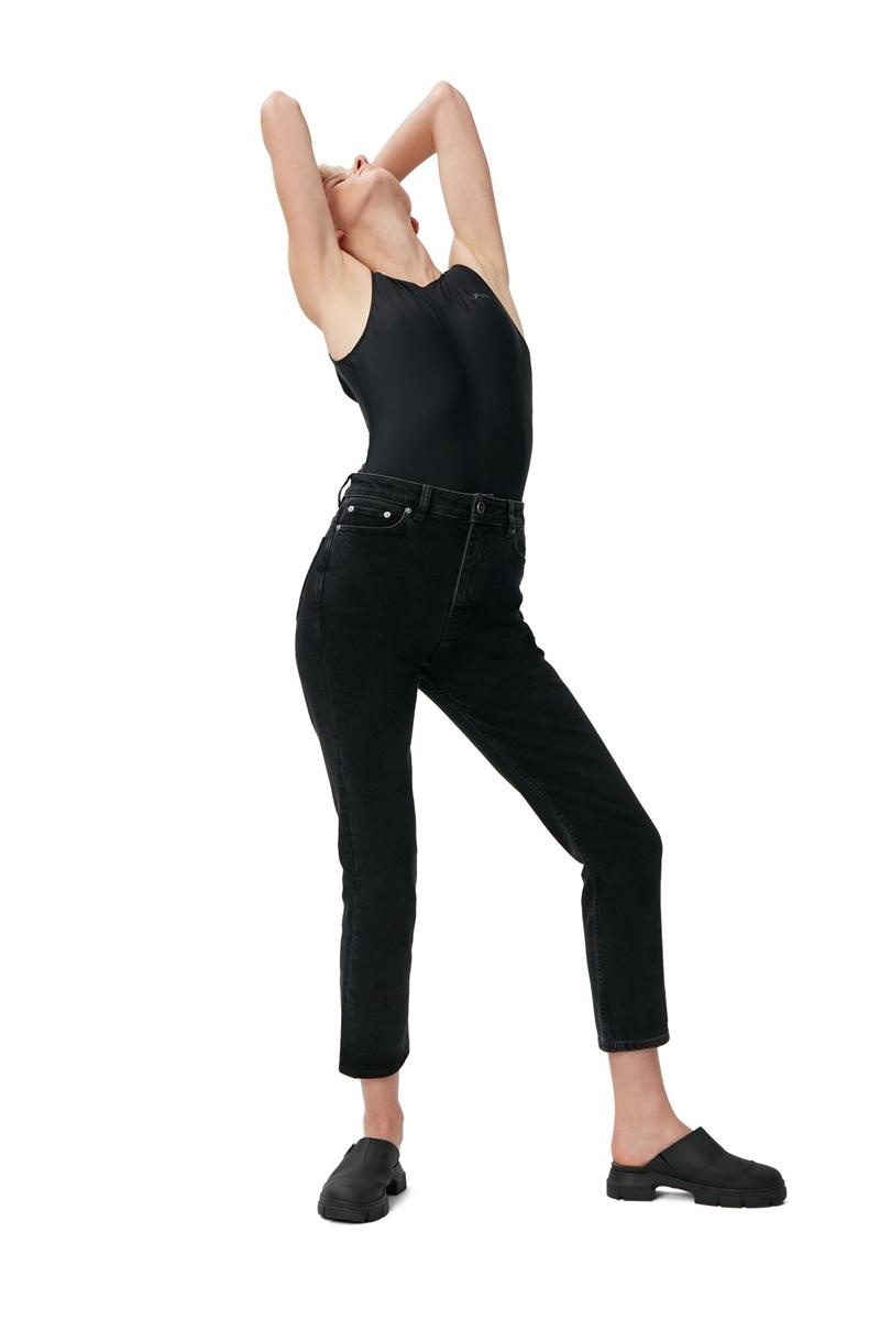 Ganni Kompfort Stretch Cutye Cropped Jeans Schwarz | RASBE2069