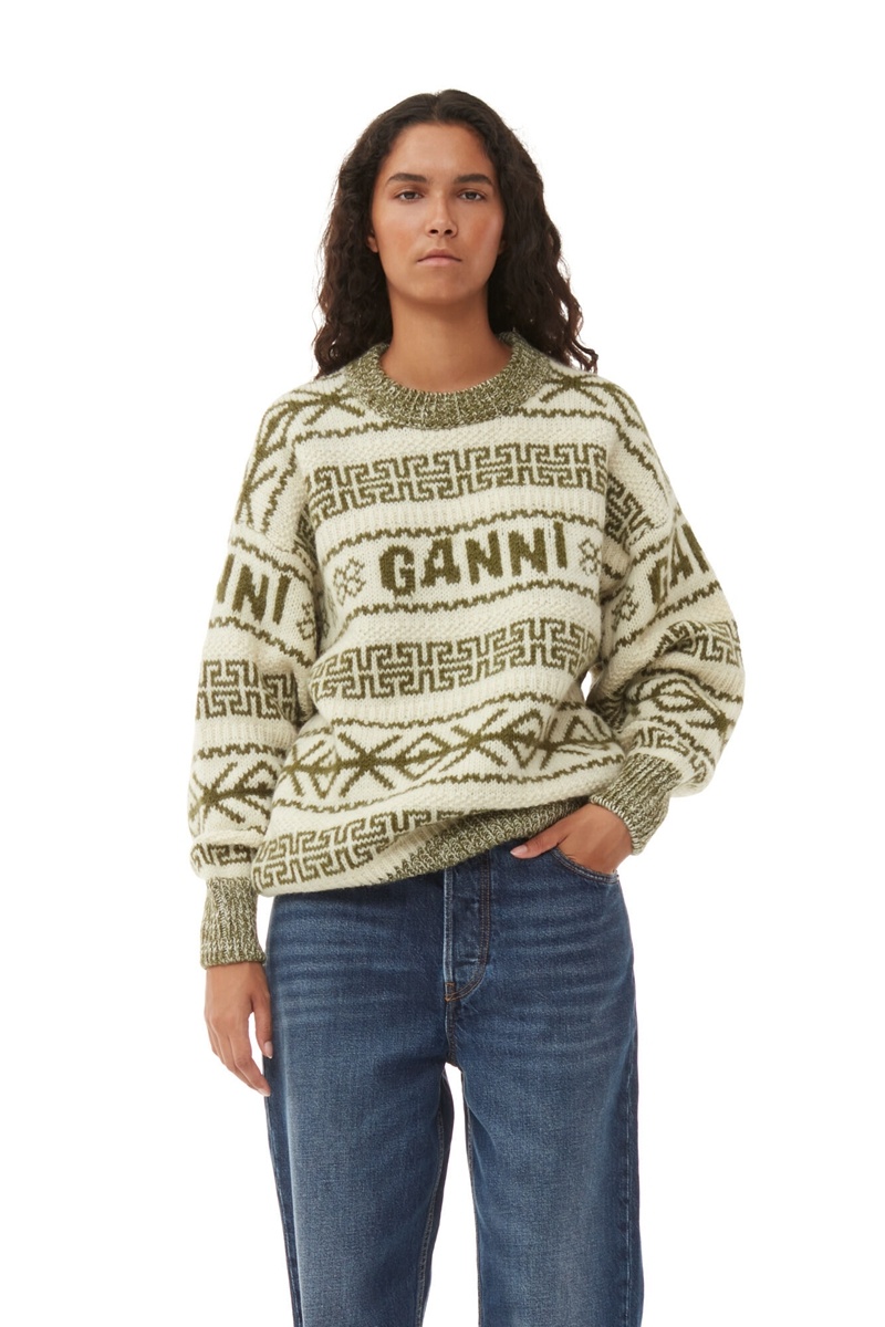 Ganni Lambswool Pullover Oberteile Olivgrün Beige | AOYNT7814