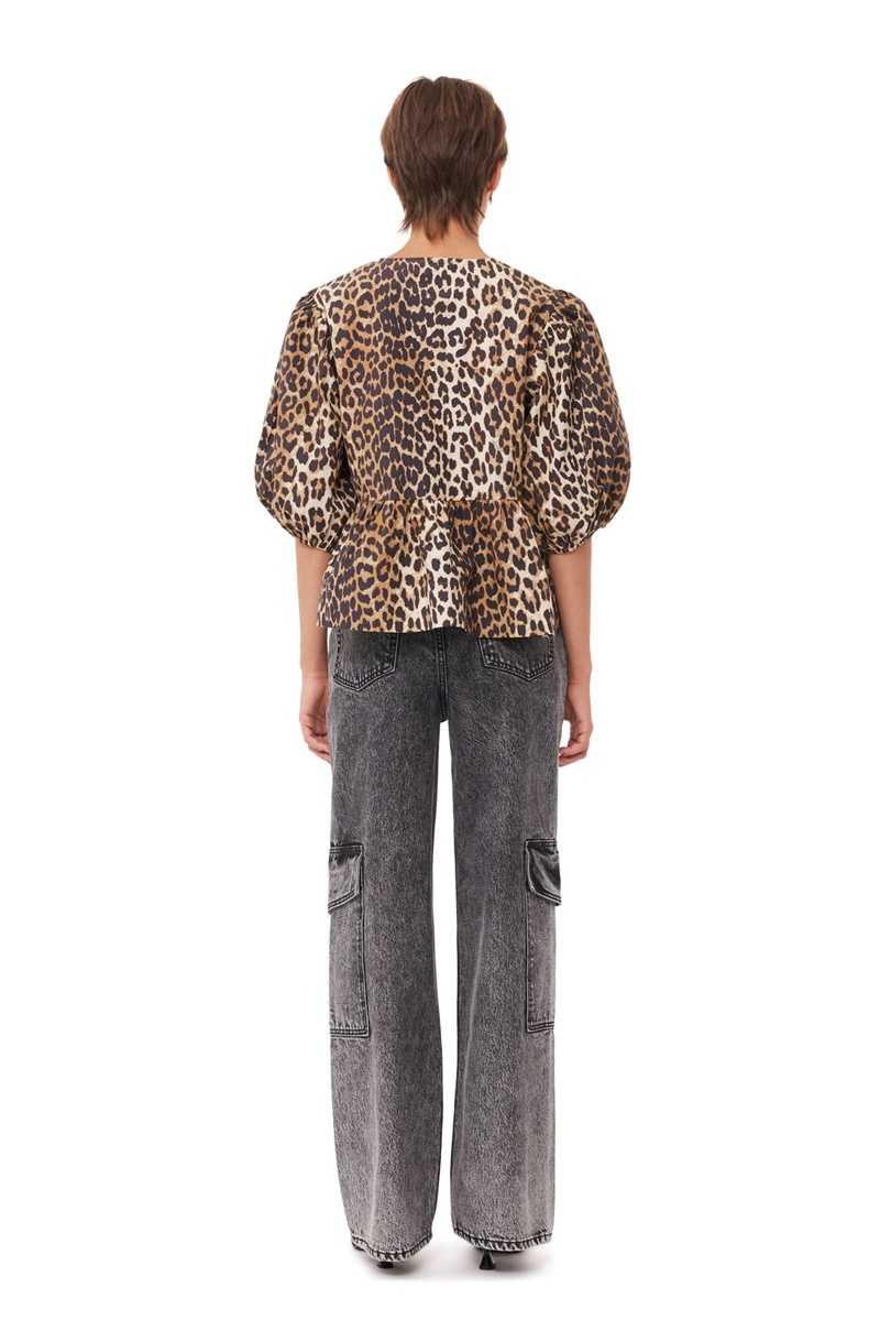 Ganni Leopard Baumwoll Poplin Bluse Leopard | AEGFN1467